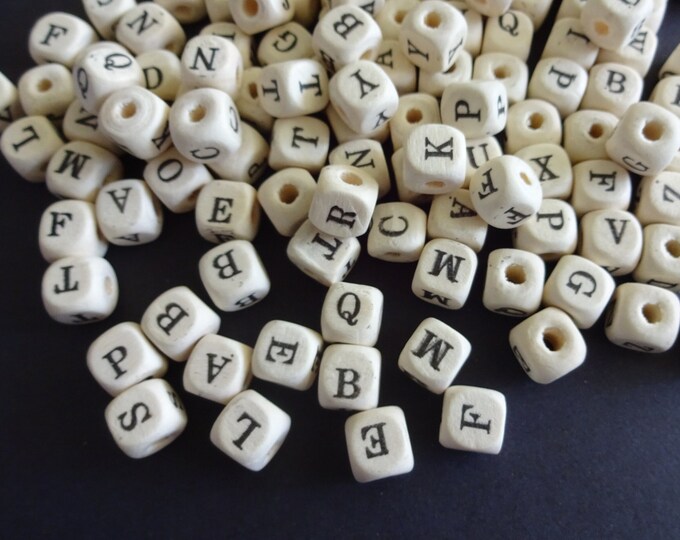 10mm  Wood Letter Beads, Cube Bead, Alphabet Bead, Beige & Black Bead, 10mm Cube, Basic Letters, Monogram Bead, Friendship Bracelet Making