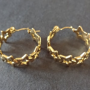 Stainless Steel Gold Star Hoop Earrings, Hypoallergenic, Ion Plated, Golden Round Hoops, Set Of Earrings, 22x20mm, Star Outline Earrings