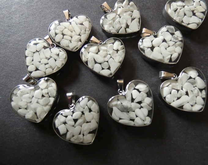 21x19mm Natural Howlite & 304 Stainless Steel Pendant With Glass, Heart Charm, Polished, Gemstone Jewelry Pendant, White and Silver Metal
