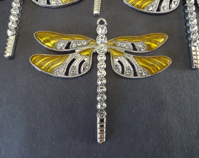 57x64mm Rhinestone & Metal Dragonfly Pendant, Silver With Clear Rhinestones, Yellow Enamel, Dragonfly Jewelry, Large Dragonfly Charm