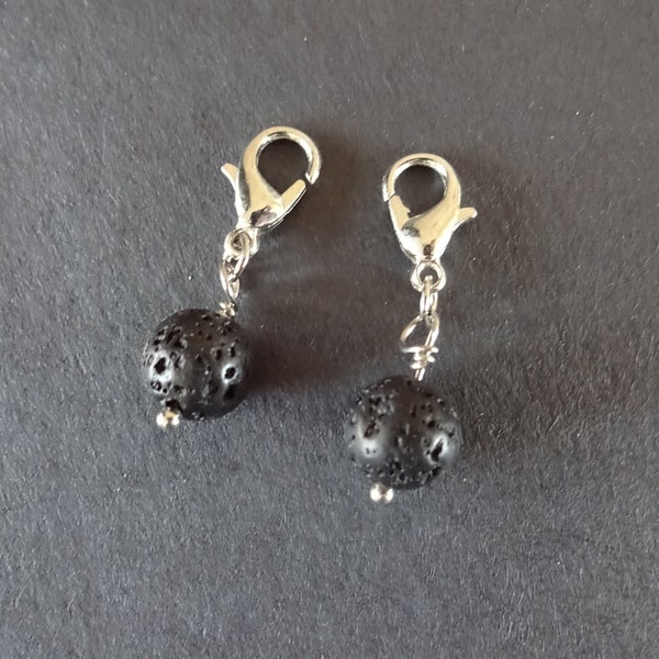 2 PACK OF 28mm Natural Lava Stone Charms With Brass Lobster Claw Clasps, Black Lava Rock, Ball Bead Pendant, Pumice Stone Charm & Clasp