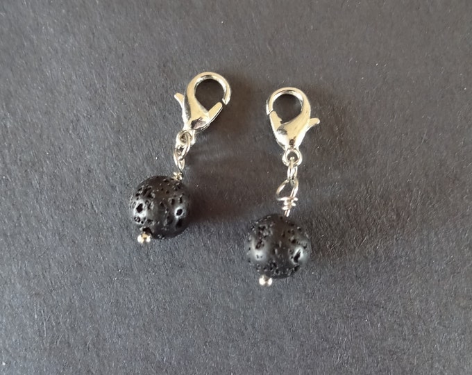 2 PACK OF 28mm Natural Lava Stone Charms With Brass Lobster Claw Clasps, Black Lava Rock, Ball Bead Pendant, Pumice Stone Charm & Clasp