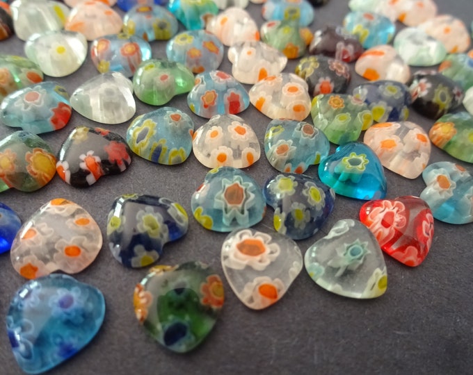 PACK Of 8x8mm Millefiori Glass Heart Cabochons, Millefiori Hearts, Flower Design, Mixed Colors, Glass Jewelry Making, Floral Millefiori Cab