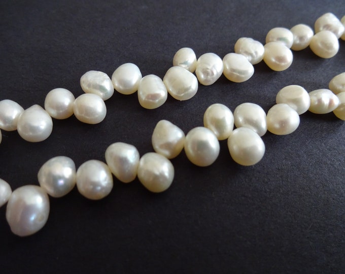 15 Inch Strand Cultured Freshwater Pearl Beads Bleached, 5x5mm-6x5mm, About 60 Flat Sided Oval and Round, Pearls, White Pearl, Top Drilled