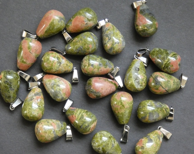 21-24mm Natural Unakite Charm With Brass Loop, Pear Teardrop Shaped, Polished Gem, Gemstone Agate Jewelry Pendant, Pink, Green & Silver