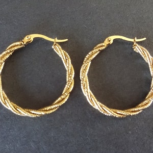 Stainless Steel Gold Twist Rope Hoop Earrings, Hypoallergenic, Round Shape, Textured Twist Design Hoops, Set Of Earrings, 30x3mm