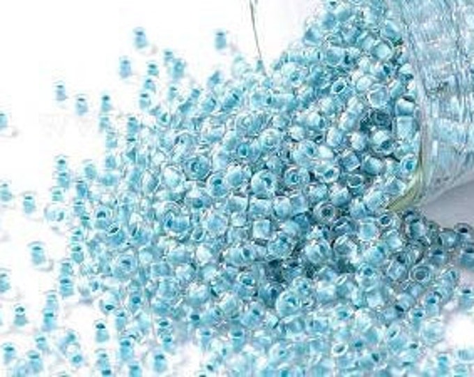 11/0 Toho Seed Beads, AB Crystal / Sky Blue Lined (792), 10 grams, About 1110 Round Seed Beads, 2.2mm with .8mm Hole, Sky Blue Lined Finish