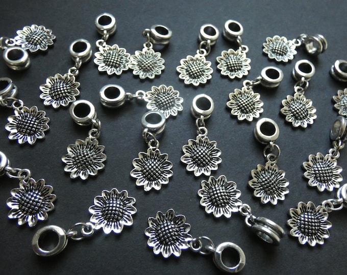 28mm European Sunflower Drops, Etched Flower Dangle Beads, Sunflower Drop Bead, Pewter Drop, 28mm Drop, Flower Pendant, Flower Charm