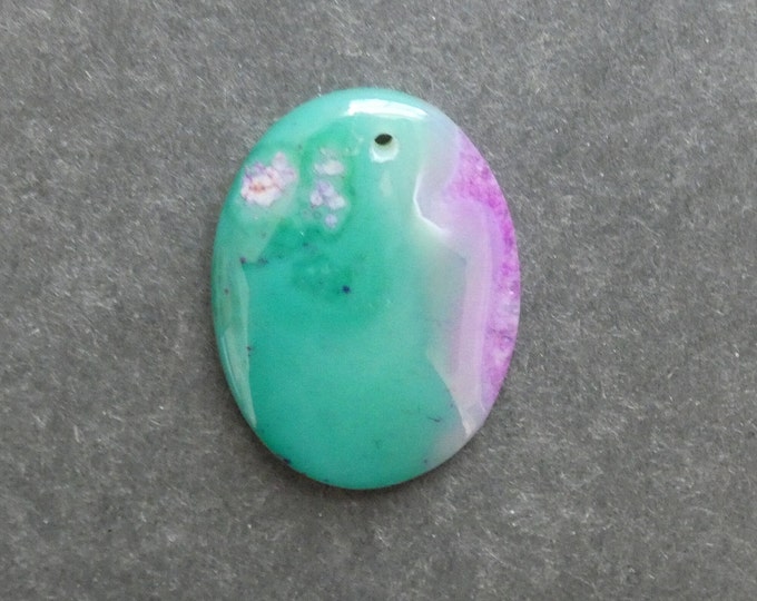 43x33mm Natural Crackle Agate Pendant, Gemstone Pendant, Green & Pink, Dyed, Large Oval Polished Pendant, One of a Kind, Only One Available