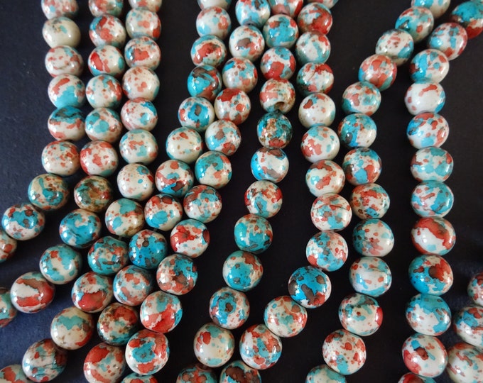 7-8mm Marbeled Glass Round Bead, Blue & Orange, 14.5 Inch Strand Of About 50 Beads, Mixed Swirled Colors, Jewelry Beads, Round Marble Bead