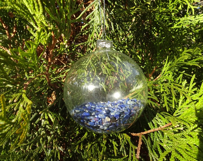 Handmade Natural Lapis Lazuli Gemstone Glass Christmas Ornament, Glass Globe, Silver Nylon Cord, Blue Crystal Chips Inside!, Lapis Crystals