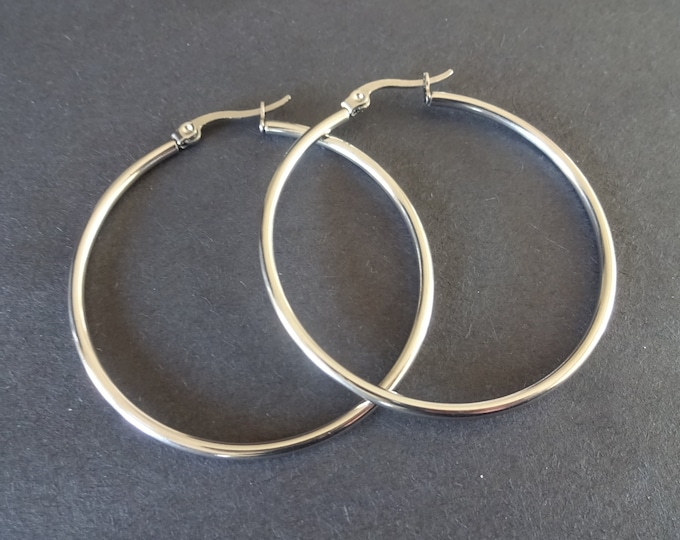 Stainless Steel Silver Hoop Earrings, Hypoallergenic, 12 Gauge Hoops,  Round Hoops, Set Of Earrings, 44-46mm, Basic Classic Silver Hoops