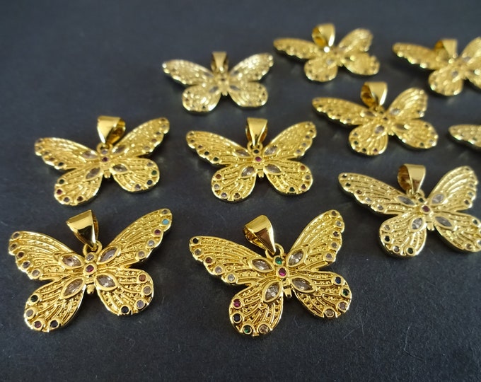 24x16mm Gold Plated Micro Pave Brass Pendants, Bright Cubic Zirconia Butterfly Beads, Cubic Zirconia Butterfly Charms, Butterfly Beads