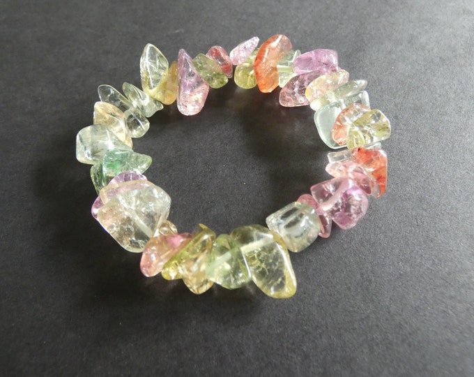 Natural Crackle Quartz Bracelet, Stretchy, Handcrafted, 3-18mm Gemstone Chips, Semi Transparent, Stretchy Cord, Quartz Jewelry, Pink & Green