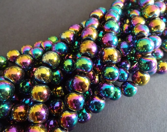 8mm Synthetic Hematite Rainbow Ball Beads, About 55 Beads, 8mm Bead, 16 Inch Strand, Colorful, Bright, Hemalike, Non Magnetic, Mixed Color