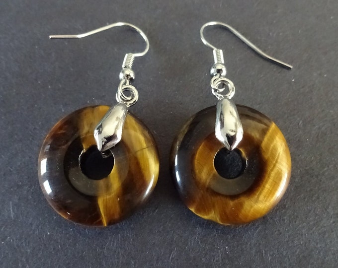 Natural Tigereye Donut Earrings With Brass Hooks, Fish Hook Earring, Set Of Earrings, Tigereye Stones, Gemstone Crystal Donut Earrings