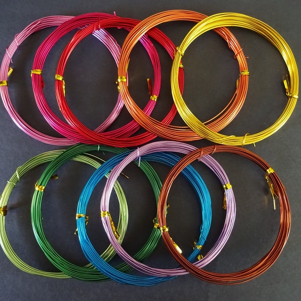 50 mètres de fil d'aluminium de couleurs mélangées de 1 mm, calibre 18, 10 rouleaux, 5 mètres par rouleau, fil artisanal et fil pour perles, fabrication de bijoux et emballage de fil métallique