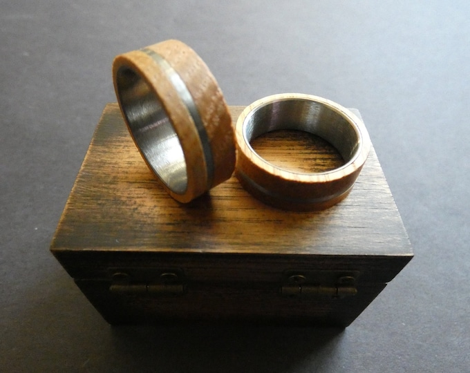 Wood with Tungsten Inlay Ring, Whiskey Barrel Wood Band, Brushed Tungsten Carbride Ring, 8mm Tungsten Metal Ring, Mens Ring, Free Box