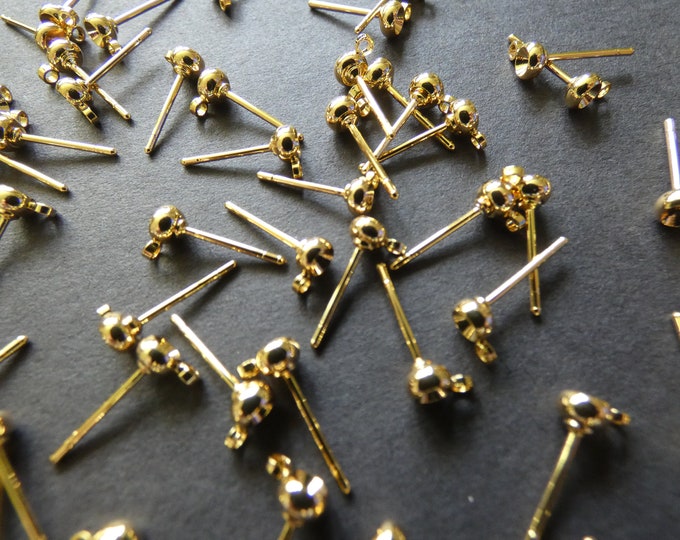 3mm Gold Plated Brass Rhinestone Earring Settings, With Loops, Fits 3mm Round Stone, Gold Stud Posts, .8mm Pin, Ear Post, Earring Making