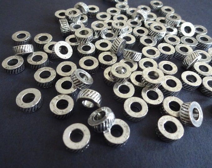 10mm Round Alloy Metal Beads, Tibetan Style Metal Spacers, Engraved, Flat Round, Silver Color, Vintage Style, Spacer Bead, Large Hole Bead