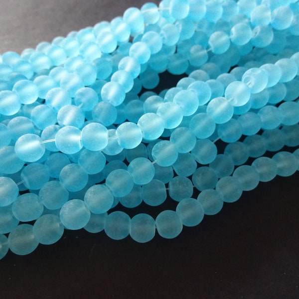8mm Sky Blue Glass Frosted Bead Strand, About 105 Beads Per Strand, Round, 31 Inch Strand, Transparent, Bright, Round Bead, Jewelry Supply
