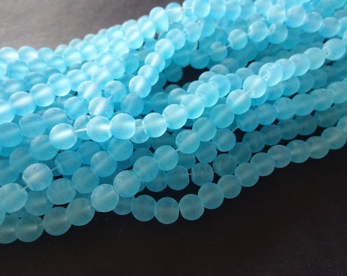 8mm Sky Blue Glass Frosted Bead Strand, About 105 Beads Per Strand, Round, 31 Inch Strand, Transparent, Bright, Round Bead, Jewelry Supply