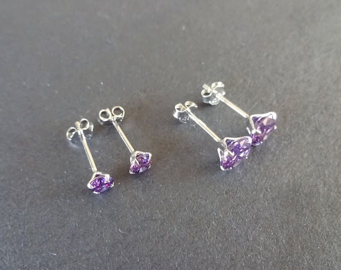 Sterling Silver 4-6mm Four Pronged Cubic Zirconia Stud Earrings, Hypoallergenic, Lilac Purple & Silver, Set Of Earrings, Crystal Earrings