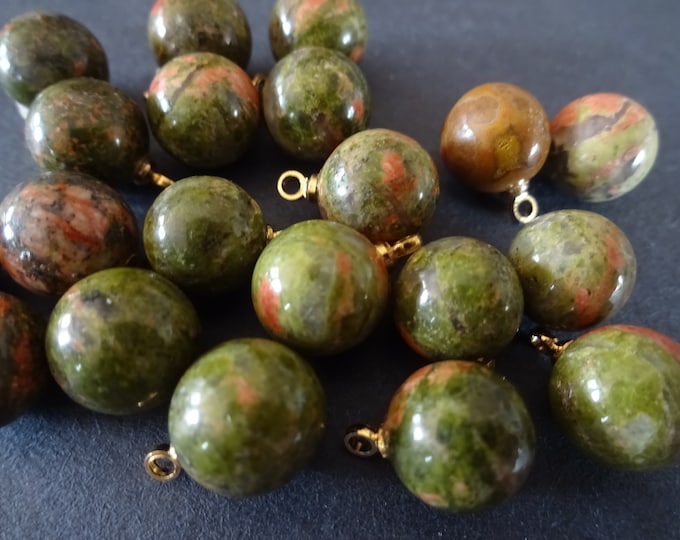 14x10.5mm Natural Unakite Ball Charm With Brass Loop, Polished Gem, Gemstone Pendant, Green, Orange & Gold Color Loop, Crystal Charm