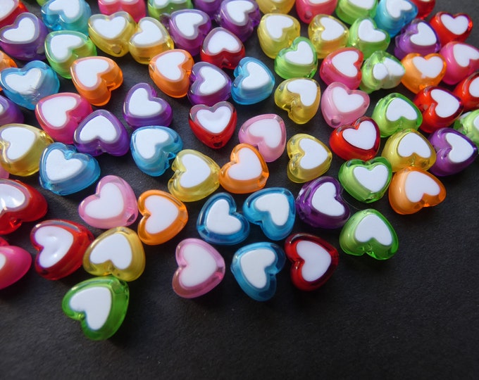 100 Pack 8x7 Heart Acrylic Beads, Heart Bead, Mixed Color, Rainbow Bead, Colorful, White Center, Mixed Lot, Love Theme, Valentine's Day