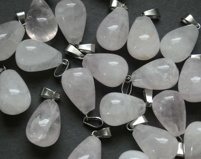 21-24mm Natural Rose Quartz Charm With Brass Loop, Pear Teardrop Shaped, Polished Gem, Gemstone Agate Jewelry Pendant, Pink Quartz & Silver