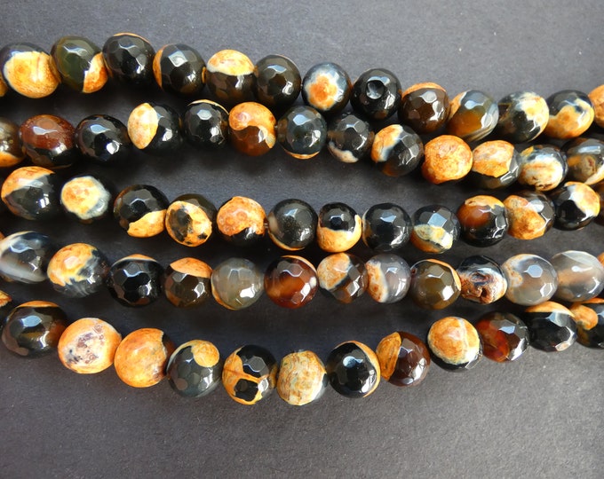 8mm Natural Fire Agate Faceted Bead Strand, Orange and Black, Dyed and Heated, About 47 Beads, 15 Inch Strand, Ball Bead, Round, Faceted