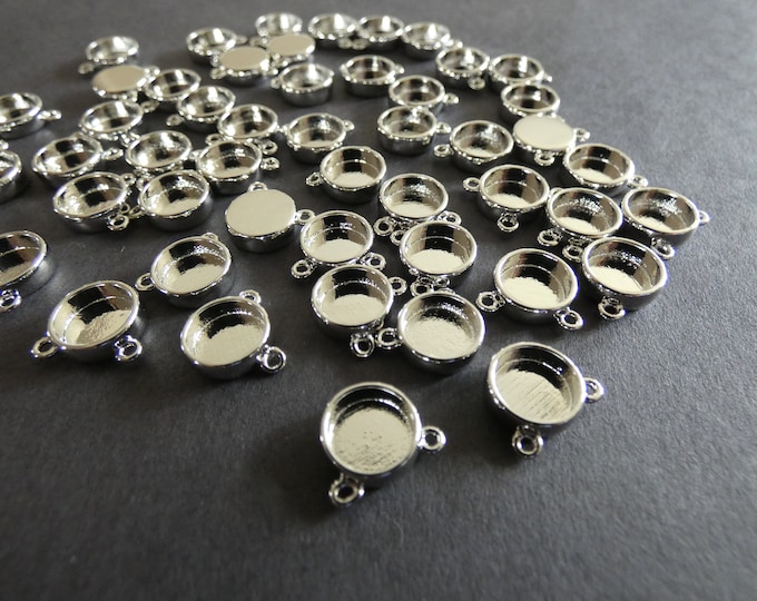 9.5x12mm Brass Cabochon Setting Connectors, Silver Color, 8mm Tray, 1.5mm Hole, Flat Round, Chic Classic Style, Bracelet & Necklace Pendant