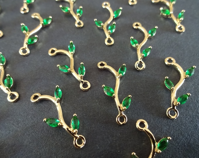 20-21mm Cubic Zirconia Micro Pave Brass Links, Light Gold Branch Connector, Branch Charms, Green Cubic Zirconia, Stylish Link Connector
