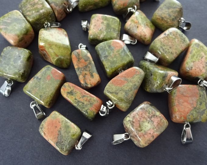 15-35mm Natural Unakite Pendant With Stainless Steel Snap On Bail, Crystal Charm, Polished Gemstone Pendant, Green, Pink & Silver Charm