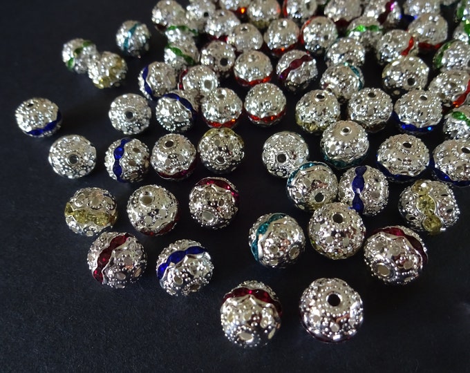 10mm Mixed Rhinestone Brass Beads, 10mm Ball Beads, Brass Ball Beads, Brass and Rhinestone Beads, Colorful Rhinestone Beads, Rhinestone Ball