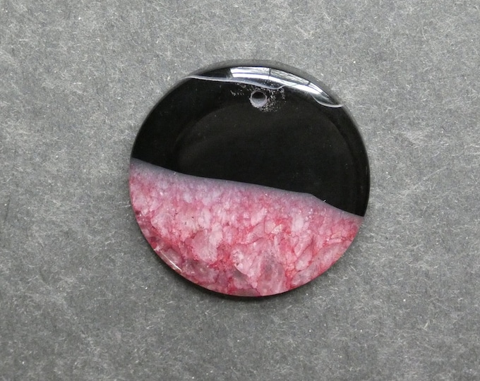 37x6.5mm Natural Crackle Agate Pendant, Gemstone Pendant, Black and Pink, Dyed, Large RoundPendant, One of a Kind, Only One Available,Unique