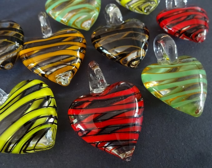 2 PACK of 40-42mm Handmade Lampwork Glass Heart Pendants, Mixed Colors, Beautiful Heart Charm, Glass Hearts, Easter Spring Striped Heart