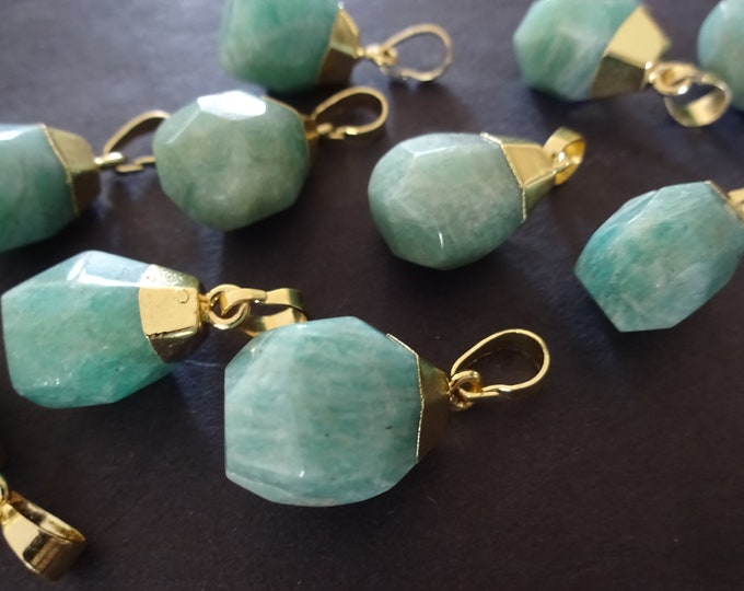 19-21mm Natural Amazonite Charm With Brass Bail, Faceted Drop, Polished Gem, Amazon Stone Gemstone Jewelry Pendant, Blue and Gold