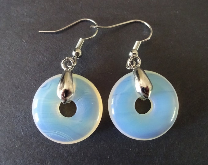 Glass Opalite Donut Earrings With Brass Hooks, Fish Hook Earring, Set Of Earrings, Opalescent Stones, Gemstone Earrings, 41mm Long