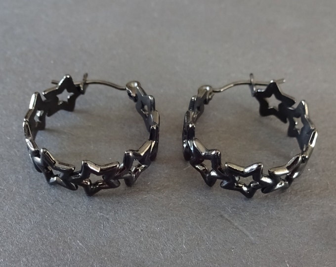 Stainless Steel Black Star Hoop Earrings, Hypoallergenic, Electrophoresis Black Round Hoops, Set Of Earrings, 22x20mm, Star Outline Earrings