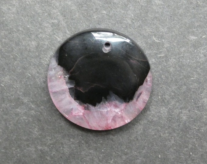 37x7mm Natural Crackle Agate Pendant, Gemstone Pendant, Black and Pink, Dyed, Large RoundPendant, One of a Kind, Only One Available, Unique