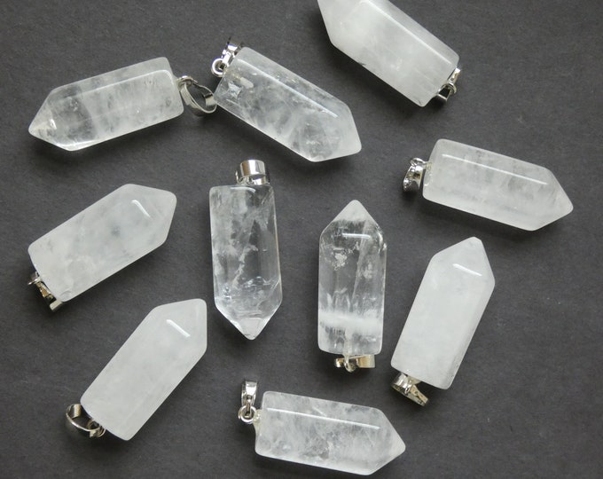 33-36mm Natural Quartz Pendant, Brass Finding, Bullet Charm, Polished, Gemstone Jewelry Pendant, Clear & Silver Color, Clear Quartz Crystal