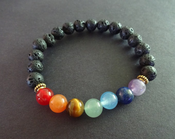 Chakra Bracelet, Natural Lava Stone Stretch Bracelet With Gemstone Beads, 8mm Stone Ball Beads, Stretchy Black Bead Bracelet, Stone Accents