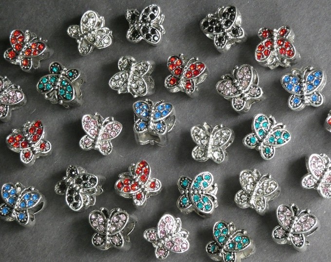 10x11mm Alloy Metal Butterfly Rhinestone Beads, Antique Silver and Mixed Color Rhinestones, Sparkly Butterfly Beads, Large 6x4mm Holes
