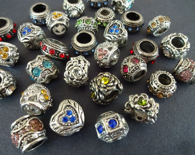 6-12mm Zinc Alloy Metal Mixed Rhinestone Beads, Rondelles and Barrells, Mixed Color & Style, Antiqued Style, Glass Rhinestones, 5-6mm Holes