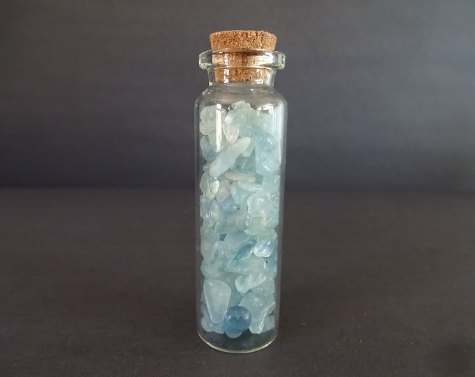 Glass Crystal Chip Jar with Aquamarine, Light Blue Gems, 22x71mm Glass Jar, Decoration or Pendant Piece, Cork Stopper, Wishing Bottle