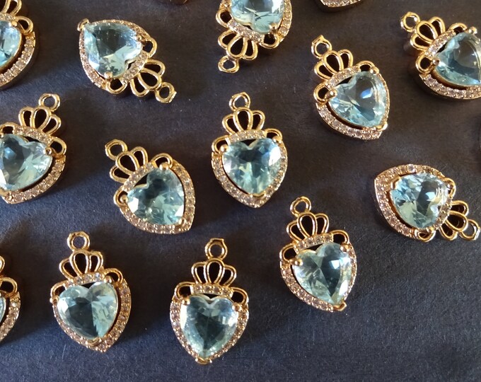 21x11mm Cubic Zirconia & Rhinestone Charm With Brass Metal, Light Gold, Heart and Crown Charm, Light Blue Faceted Heart and Cubic Zirconia
