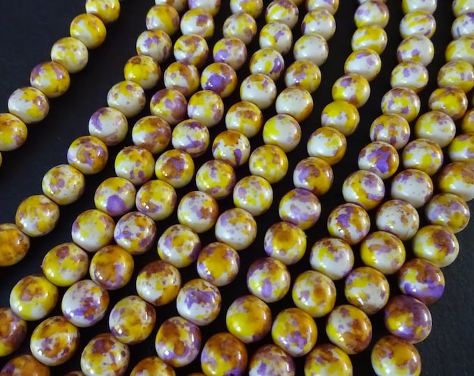 7-8mm Marbeled Glass Round Bead, Yellow & Purple, 14.5 Inch Strand Of About 50 Beads, Mixed Swirled Colors, Jewelry Beads, Round Marble Bead