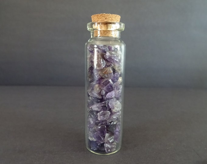 Glass Crystal Chip Jar with Amethyst, Purple Color Gemstone, 22x71mm Glass Jar, Decoration or Pendant Piece, Cork Stopper, Wishing Bottle