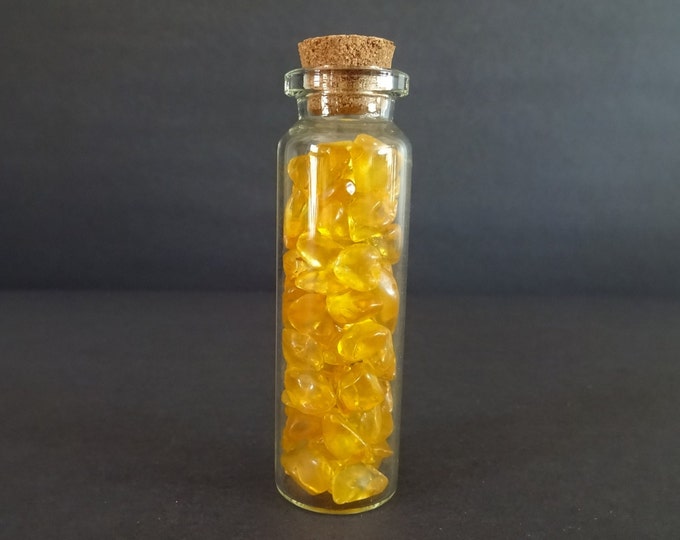 Glass Crystal Chip Jar with Synthetic Citrine Chips, Yellow Color Gemstone, 22x71mm Glass Jar, Decoration or Pendant Piece, Cork Stopper